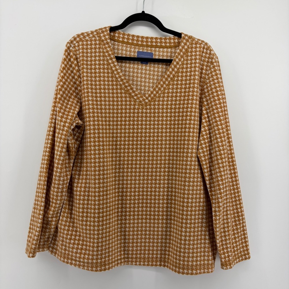 Laura Scott Womens Long Sleeve V Neck Houndstooth Print Sweater XL Gold White